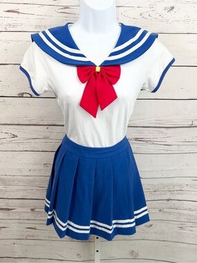LittleForBig Women’s Sailor Cosplay Costume 2 pc Set Blue White Red Bow Small